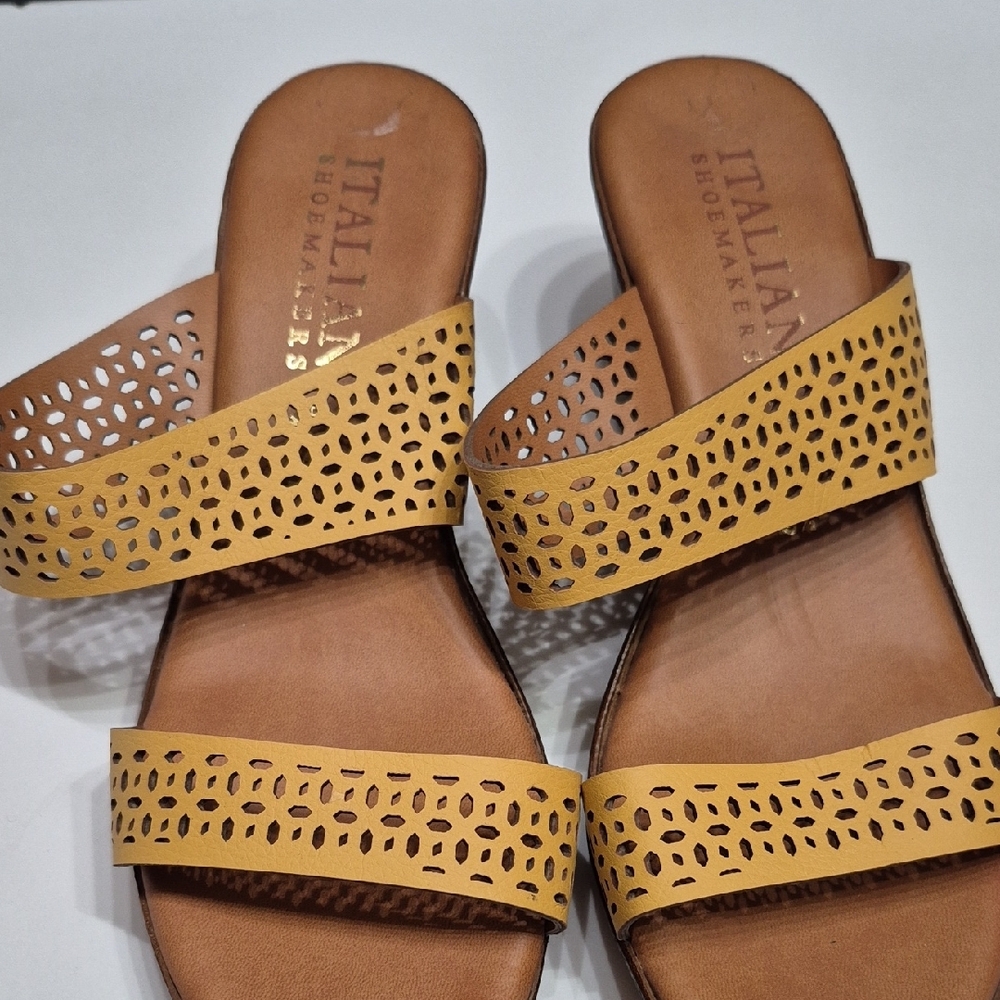 Italian Shoemakers Yellow and Brown Sandals with Geometric Cutouts